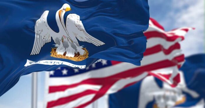 The,Louisiana,State,Flag,Waving,Along,With,The,National,Flag