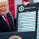 Trump Slams SCOTUS–10% Tariffs Roll Out President Donald Trump holds up a chart while announcing his “Liberation Day” tariffs at the White House on April 2, 2025 in Washington, DC.