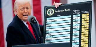 President Donald Trump holds up a chart while announcing his “Liberation Day” tariffs at the White House on April 2, 2025 in Washington, DC.