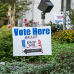 Sign indicating where to vote with a ballot drop box