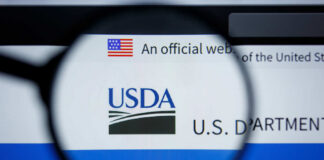 Close-up view of the USDA website logo through a magnifying glass