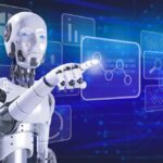 Congressman Caught Pitching AI to Lawmakers A humanoid robot interacting with a digital interface displaying data and graphs