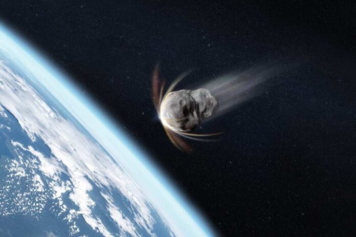 An asteroid approaching Earth in space