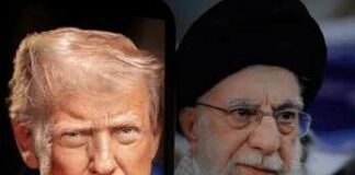 Side-by-side portraits of Donald Trump and Ali Khamenei