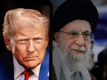 Side-by-side portraits of Donald Trump and Ali Khamenei