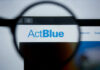 Close-up view of the ActBlue website displayed on a computer screen, magnified