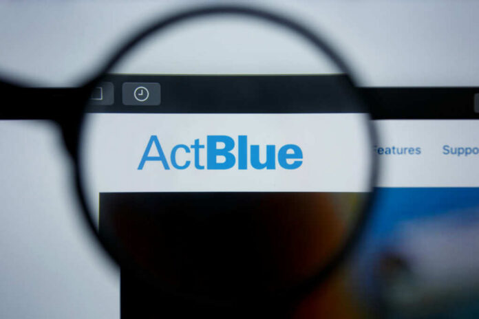 Close-up view of the ActBlue website displayed on a computer screen, magnified