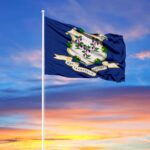 Connecticut state flag waving against a colorful sunset