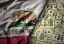 California state flag featuring a bear overlaid on a background of U.S. dollar bills