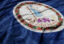 Virginia state flag featuring a central emblem on a blue background