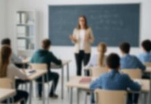 Teacher addressing students in a classroom