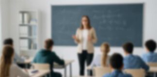 Teacher addressing students in a classroom