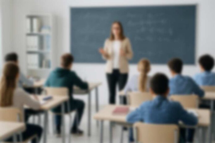 Teacher addressing students in a classroom