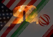 An artistic representation of the US and Iran flags with a nuclear explosion in the background