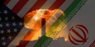 An artistic representation of the US and Iran flags with a nuclear explosion in the background