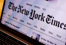 Close-up of The New York Times website displayed on a laptop