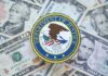 DOJ’s $777M Delay Sparks National Fury! Department of Justice emblem on a background of US dollar bills