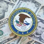DOJ’s $777M Delay Sparks National Fury! Department of Justice emblem on a background of US dollar bills