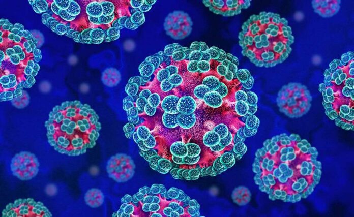 Colorful digital illustration of viruses under a microscope