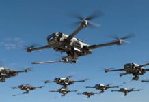 Drone Swarm STALKS Nuclear Bomber Base A fleet of drones flying in a clear blue sky