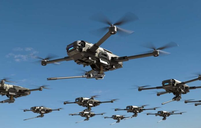 A fleet of drones flying in a clear blue sky