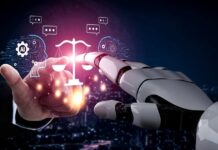 A human hand reaching out to a robotic hand, symbolizing interaction between AI and justice.
