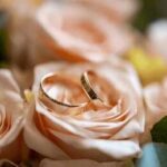 Gold wedding rings resting on pale peach roses