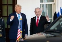 Trump’s Stark Ultimatum Freezes Israel–Iran Two political leaders standing outside the White House, one raising a fist and the other waving