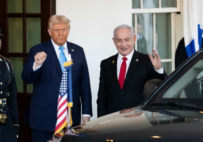 Washington,D.c.,,Usa,-,February,4,,2025:,Us,President,Donald Two political leaders standing outside the White House, one raising a fist and the other waving