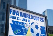 FIFA World Cup 26 poster with soccer ball in urban setting