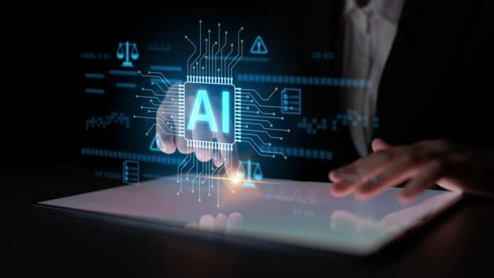 A hand interacting with a digital interface displaying AI technology
