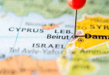 Lebanon Hit While Truce Stands Close-up of a map showing Beirut with a red location pin