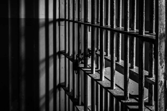 Crime,-,Prison,Cell,Bars Close-up of prison bars casting shadows on a wall