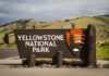 Yellowstone National Park entrance sign beside a road with rolling hills