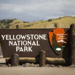 Wild Animal Launches Camper Eight Feet Yellowstone National Park entrance sign beside a road with rolling hills
