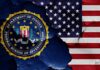 FBI seal and American flag on cracked wall