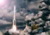 Rocket launches through dense clouds