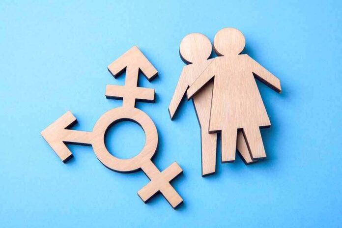 Wooden transgender symbol and two human figures on blue background