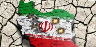 Map of Iran with military jets and explosions depicted
