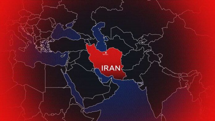 Conflict,Map,Showing,Iran,In,Red,Against,Middle,East,Background Map of the Middle East with Iran highlighted in red