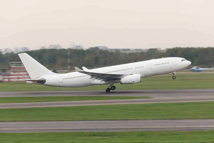 shutterstock_1028674177 White commercial airplane taking off from runway