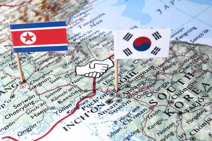 Map of Korean Peninsula with North and South Korean flags and handshake icon