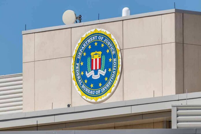 FBI emblem on a beige building facade