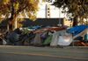 LA U-Turn: Camping Back At Iconic Spots Street encampment with tarps and makeshift tents by roadside