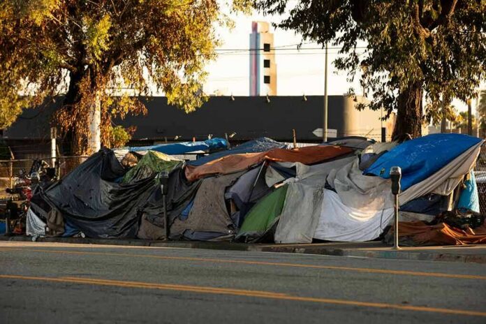 shutterstock_2005723412 Street encampment with tarps and makeshift tents by roadside