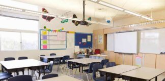 Empty classroom with tables, chairs, and a whiteboard