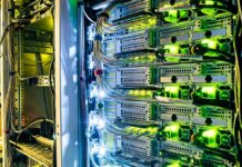 Server rack with network cables and glowing indicator lights