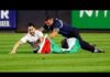Flag Dash Erupts at Yankee Stadium Man stormed yankee stadium at 9:11 pm with palestinian flag