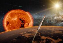 rocket launching above a planet toward a bright sun
