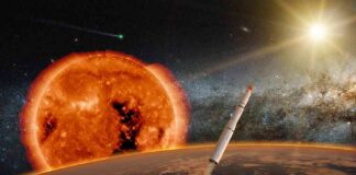 rocket launching above a planet toward a bright sun